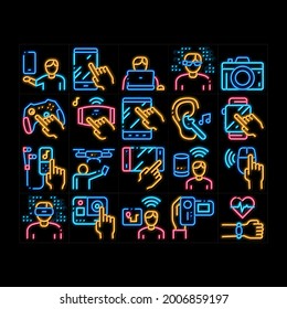 Gadget And Device neon light sign vector. Glowing bright icon  Smartphone And Tablet, Photo And Video Camera, Drone And Play Joystick Gadget Illustrations