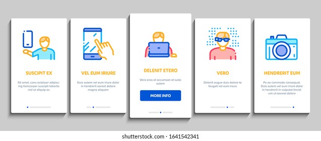 Gadget And Device Onboarding Mobile App Page Screen Vector. Smartphone And Tablet, Photo And Video Camera, Drone And Play Joystick Gadget Linear Pictograms. Color Contour Illustrations