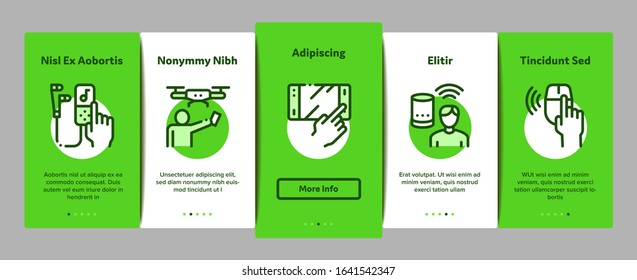 Gadget And Device Onboarding Mobile App Page Screen Vector. Smartphone And Tablet, Photo And Video Camera, Drone And Play Joystick Gadget Linear Pictograms. Color Contour Illustrations