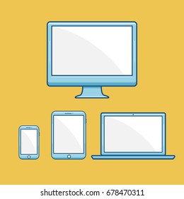 Gadget and device smartphones, tablets, laptops and computer with blank screen on yellow background. stock vector illustration EPS10