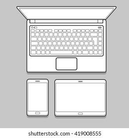 Gadget and device thin line mockup set. Laptop and tablet and phone for identity design. Gadget and device vector illustration.