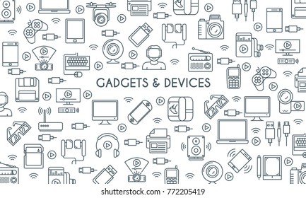 Gadget and devices banner. Thin line icons set. Electronic Equipmen. Vector illustration