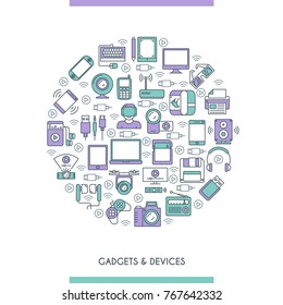 Gadget and devices concept. Electronic Equipmen. Flat icons arrange in the form of circle. Vector illustration