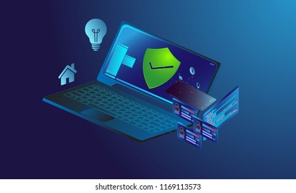 Gadget with digital new smart security system to protect big data. Background technology Internet of things security concept.