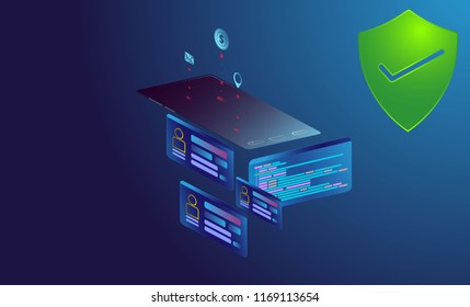 Gadget with digital new smart security system to protect big data. Background technology Internet of things security concept.