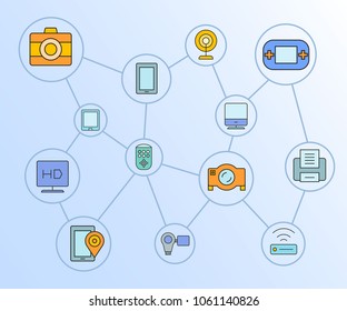 gadget and electronic device network diagram in blue background