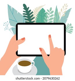 Un gadget con una pantalla vacía en manos de una persona. Espacio de pegado de copia de plantilla para texto