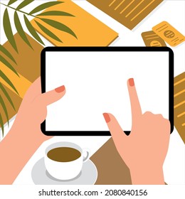 Un gadget con una pantalla vacía en manos de una persona. Espacio de pegado de copia de plantilla para texto