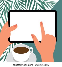 A gadget with an empty screen in the hands of a person. Template copy paste space for text