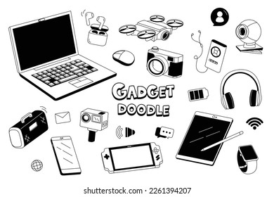 Equipo de gadget en estilos de doodle. Estilos de dibujo a mano para elementos electrónicos.