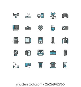 Gadget filled outline icon set. electronic color line icon set.
