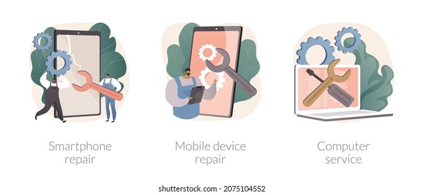 Gadget fixing abstract concept vector illustration set. Smartphone and electronic device repair, computer service, broken gadget, data recovery, screen replacement, diagnostics abstract metaphor.