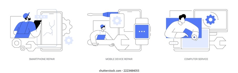 Gadget fixing abstract concept vector illustration set. Smartphone and electronic device repair, computer service, broken gadget, data recovery, screen replacement, diagnostics abstract metaphor.