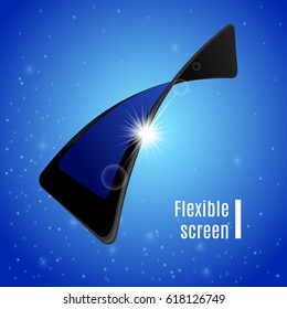 Gadget flexible screen with sun beams behind it. Mobile phone electronic visual display on abstract clear blue sky background. Vector illustration.