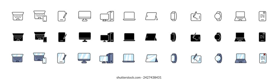 Gadget icon collection. Devices icons set. Linear, silhouette and flat style. Vector icons