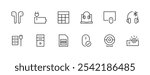 Gadget icon collection. Devices icon set. Accessories, gadget, calculator, cable, plug, camera, mouse, battery, projector and more. Editable stroke. Pixel Perfect. Grid base 32px.