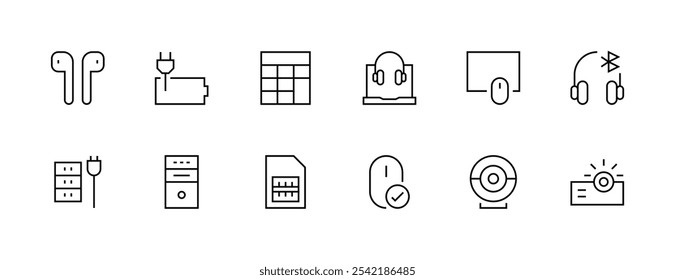 Coleção de ícones do gadget. Conjunto de ícones de dispositivos. Acessórios, gadget, calculadora, cabo, plugue, câmera, mouse, bateria, projetor e muito mais. Traçado editável. Pixel perfeito. Grade de 32px.