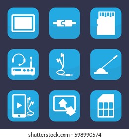 gadget icon. Set of 9 filled gadget icons such as tablet, arm lever, phone and earphones, earphones, home on tablet, memory card, listening device