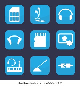 Gadget icon. set of 9 filled gadget icons such as arm lever, earphones, home on tablet, memory card, listening device