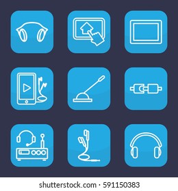 gadget icon. Set of 9 outline gadget icons such as tablet, arm lever, phone and earphones, earphones, home on tablet, listening device