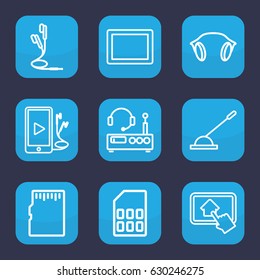 Gadget icon. set of 9 outline gadget icons such as tablet, arm lever, phone and earphones, earphones, home on tablet, memory card