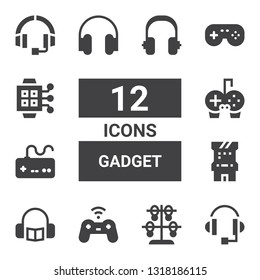 gadget icon set. Collection of 12 filled gadget icons included Headphone, Bracelet, Gamepad, Headphones, Arcade game, Gamepads, Smartwatch