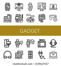 gadget icon set. Collection of Digital watch, Laptop, Computer, Smartwatch, Gamepad, Action camera, Game, Headphones, Phone, Drawing tablet, Plug icons
