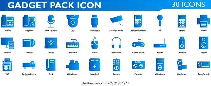 Gadget icon set. Containing landline,voice recorder,cctv,smartwatch,security camera,handheld console,mic,keypad,printer,smart tv,cd drive,laptop,keyboard,mouse,game console. Solid gradient style