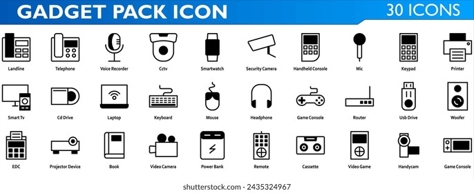 Gadget icon set. Containing landline,voice recorder,cctv,smartwatch,security camera,handheld console,mic,keypad,printer,smart tv,cd drive,laptop,keyboard,mouse,game console. Mixed style collection