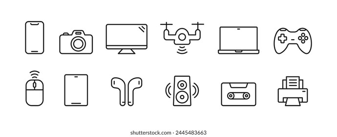 Gadget icon set. Device thin line icons. Smartphone, laptop, tablet,  drone, smart TV,  headphones, camera, Vector illustration.