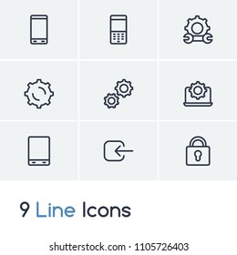 Gadget icon set and log in with old phone, lock, android phone. Telephone related gadget icon vector for web UI logo design.