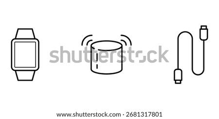 Gadget icon set, smartwatch, speaker, cable, connector, technology vector illustration for electronic device and accessory design.