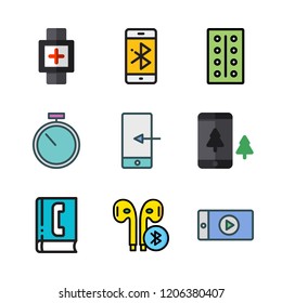 gadget icon set. vector set about earphones, phone book, tablets and stopwatch icons set.