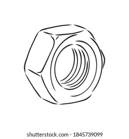 Icono de gadget. Ilustración vectorial de un tornillo y una tuerca. Tuerca de la herramienta dibujada a mano, ilustración del esbozo del vector de la tuerca metálica