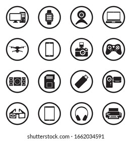 Gadget Icons. Black Flat Design In Circle. Vector Illustration.