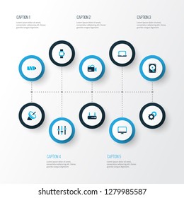 Gadget icons colored set with battery, router, setting and other camcorder elements. Isolated vector illustration gadget icons.