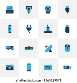 Gadget icons colored set with camera, printer, projector and other satellite elements. Isolated vector illustration gadget icons.