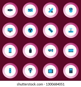 Gadget icons colored set with flash drive, tablet, fan and other router elements. Isolated vector illustration gadget icons.