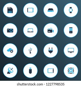 Gadget icons colored set with hard drive, tablet, monitor and other desktop elements. Isolated vector illustration gadget icons.