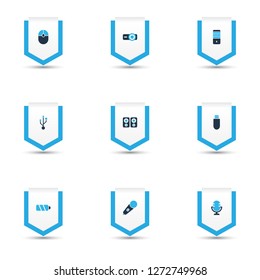 Gadget icons colored set with microphone, battery, PC and other connector elements. Isolated vector illustration gadget icons.