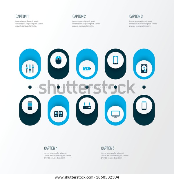 Gadget icons colored set with monitor, router,\
smartphone and other phone elements. Isolated vector illustration\
gadget icons.