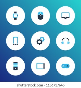 Gadget icons colored set with mouse, monitor, PC and other processor elements. Isolated vector illustration gadget icons.
