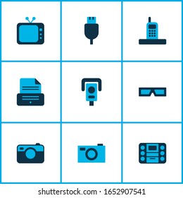 Gadget icons colored set with phone, 3d glasses, usb plug and other vr spectacles elements. Isolated vector illustration gadget icons.