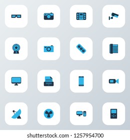 Gadget icons colored set with printer, video camera, fan and other boombox elements. Isolated vector illustration gadget icons.