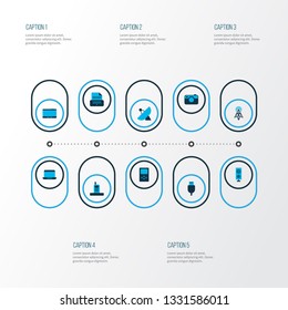 Gadget icons colored set with router, camera, sputnik antenna and other telephone elements. Isolated vector illustration gadget icons.