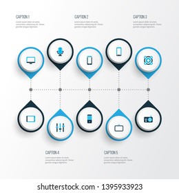 Gadget icons colored set with tablet, monitor, microphone and other processor elements. Isolated vector illustration gadget icons.