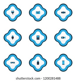 Gadget icons colored set with usb plug, player, smartphone and other cord elements. Isolated vector illustration gadget icons.