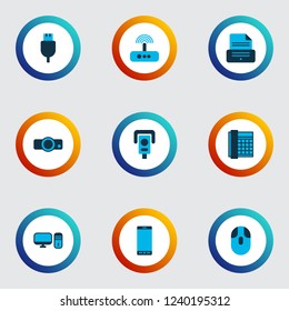 Gadget icons colored set with video control, smartphone, modem and other mobile phone elements. Isolated vector illustration gadget icons.