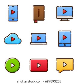 Gadget icons with play button, phone, tablet, cloud, chat