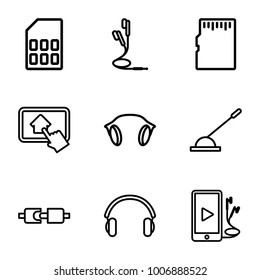 Gadget icons. set of 9 editable outline gadget icons such as arm lever, phone and earphones, earphones, plug in power socket, home on tablet